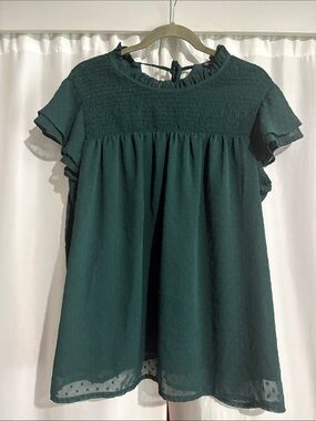 Women's Dark Green Smocked Yoke Chiffon Blouse